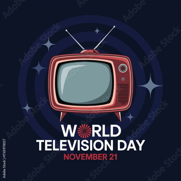 Fototapeta Vector art of vintage television with antennas, set against a dark blue background with stars and concentric circles, marking world television day