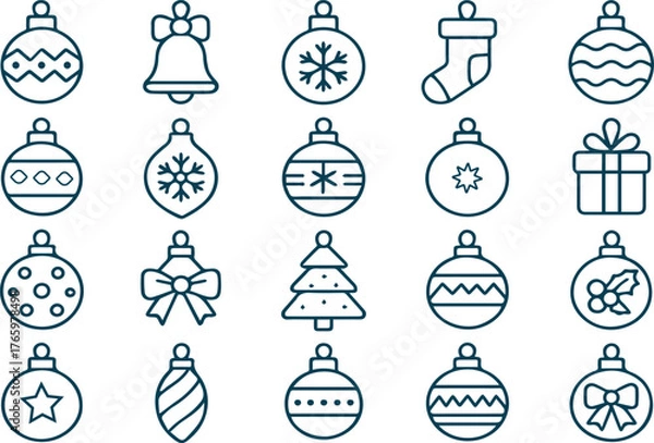 Fototapeta Set of christmas ornament icons isolated on white background includes various designs such as baubles, bells, stockings, gifts, and christmas tree