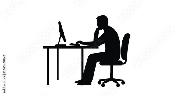 Fototapeta Silhouette of a man working at a computer desk simple illustration