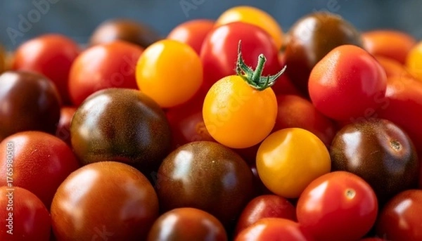 Obraz close up of a pile of ripe cherry tomatoes in red orange and a single yellow fruit showing glossy skins and varied hues