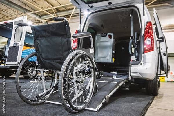 Obraz Modern accessible vehicle with an open ramp and wheelchair ready for transport, highlighting convenience and inclusive mobility solutions. Ideal for disabled travel and specialized transportation serv