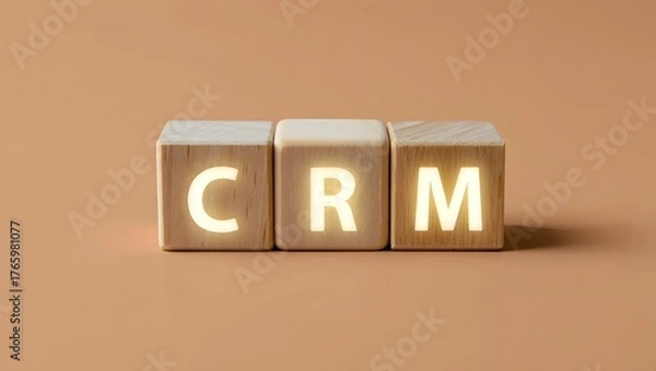 Fototapeta Wooden blocks spelling CRM with bright letters on a neutral background showcasing customer relationship management