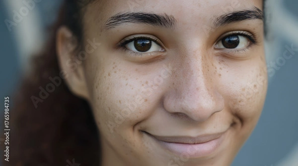 Fototapeta A close-up portrait of a young, dark-skinned woman with freckles and a slight smile. Natural beauty without makeup. Horizontal