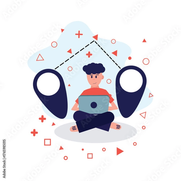 Fototapeta Digital nomad working remotely on a laptop with map pins and travel route icons.Flat vector illustration representing freelance lifestyle,remote work,travel freedom,and global connectivity,