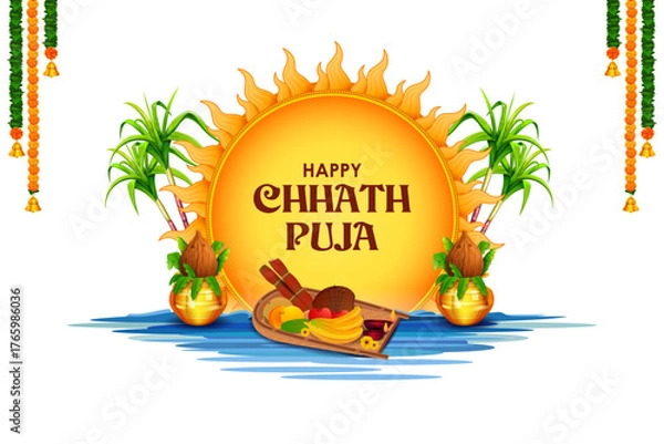 Fototapeta Holiday background for Sun festival of India with greetings in Hindi meaning  Happy Chhath Puja