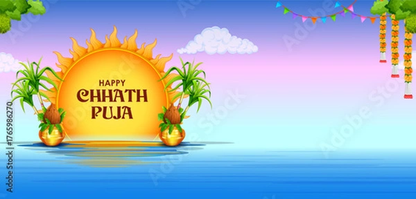 Fototapeta Holiday background for Sun festival of India with greetings in Hindi meaning  Happy Chhath Puja