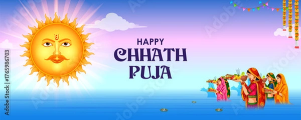 Fototapeta Holiday background for Sun festival of India with greetings in Hindi meaning  Happy Chhath Puja