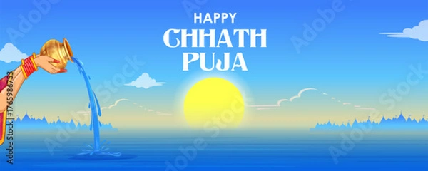 Fototapeta Holiday background for Sun festival of India with greetings in Hindi meaning  Happy Chhath Puja