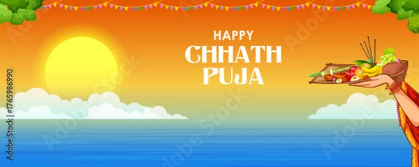 Fototapeta Holiday background for Sun festival of India with greetings in Hindi meaning  Happy Chhath Puja