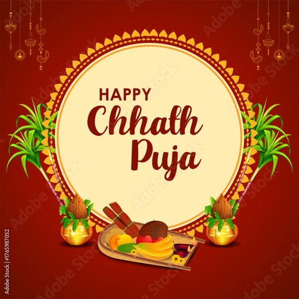 Fototapeta Holiday background for Sun festival of India with greetings in Hindi meaning  Happy Chhath Puja