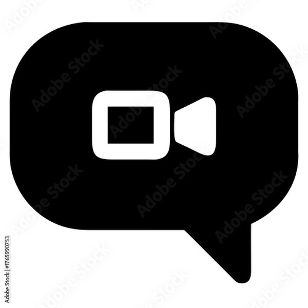 Fototapeta Vector art of a bold, solid black icon featuring a video camera symbol within a speech bubble, indicating a video message or chat