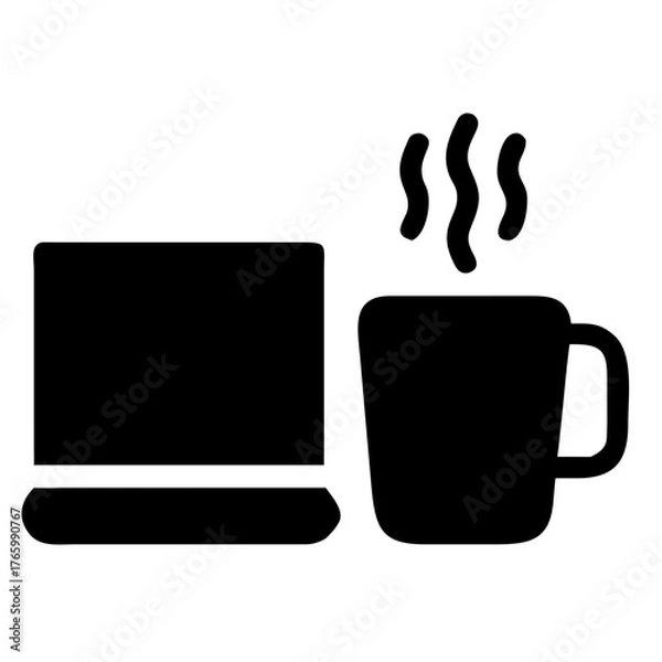 Fototapeta Vector art of black silhouette icon of a laptop and a steaming mug of coffee on a