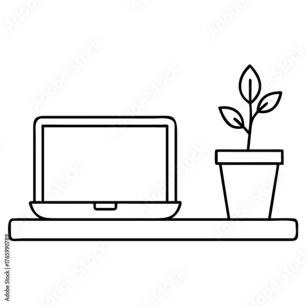 Fototapeta Vector art of minimalist illustration of a laptop and a potted plant on a shelf, symbolizing work, growth, and home office setup