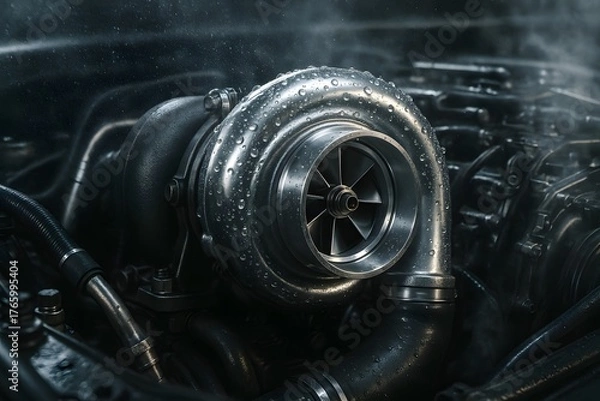 Fototapeta Rain-Cooled Turbocharger With Water Droplets in Engine Bay, Hyper Realistic Automotive Detail