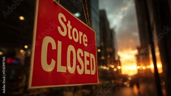 Fototapeta Striking red closed sign hangs in a shop window at sunset, offering a glimpse of the golden hour glow in the city, creating a sense of finality and signaling the end of the day
