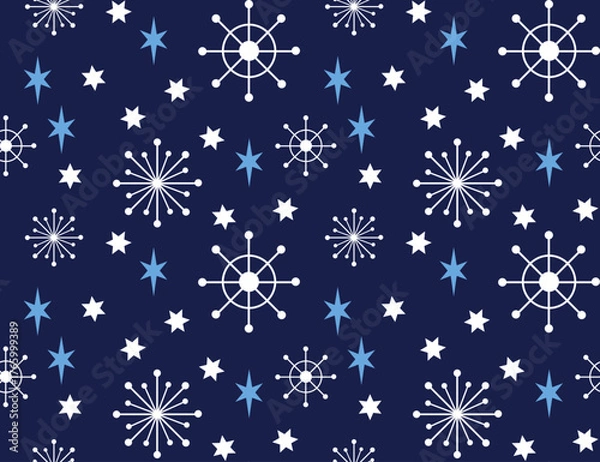 Obraz Winter Seamless Vector Floral Pattern with Green Branches, Leaves and Stars on a dark Blue Background.