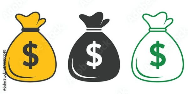 Fototapeta Vector illustration of three money bags with dollar symbols in yellow gray and green scalable eps icon