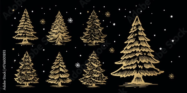 Fototapeta Christmas  gold tree set on black. Hand drawn illustration.	

