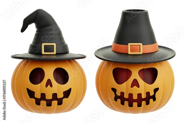 Obraz Two grinning pumpkins adorned with spooky hats, evoking a festive Halloween atmosphere.