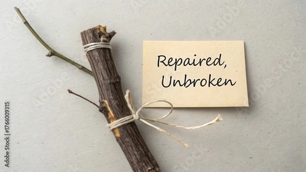 Fototapeta Repaired Stick with Note Symbolizing Resilience and Renewal