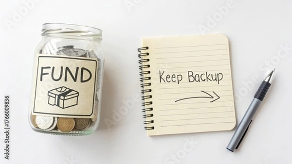 Fototapeta Savings jar with coins and notepad for financial planning concepts