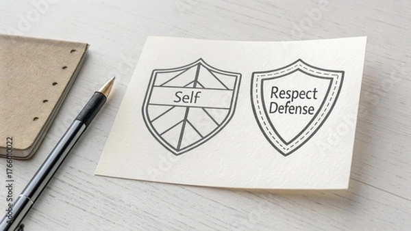 Obraz Self Respect Defense Shields with Pen and Notepad on Table