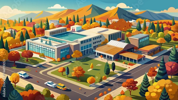 Obraz Very beautiful, aerial view of Ramon Community Center, San Ramon, California, USA during autumn shows the city’s landscape, including office buildings, parks, and tree-lined streets with colorful fall