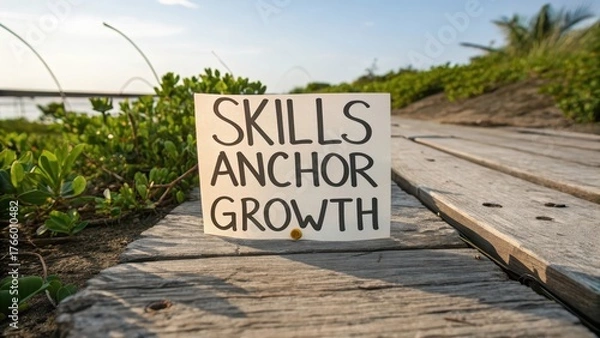 Fototapeta Skills Anchor Growth Message on a Wooden Path in Nature Setting