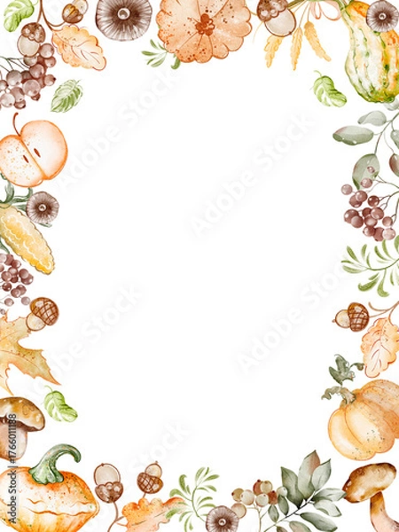 Fototapeta Autumn watercolor border with harvest elements for Thanksgiving. Frame with bakery, leaves, and acorns for holiday card, flyer, or banner template.