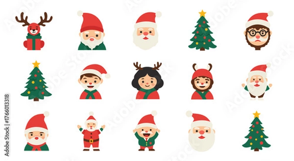 Fototapeta Vector illustrations of Christmas characters like Santa Claus, elves, and reindeer, alongside festive trees, suitable for holiday designs