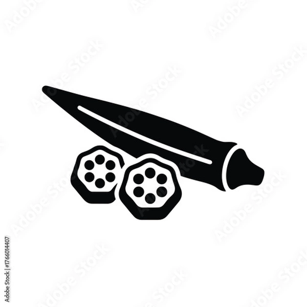 Fototapeta Black Silhouette Icon of Okra Pod and Slices on White Background vegetable food