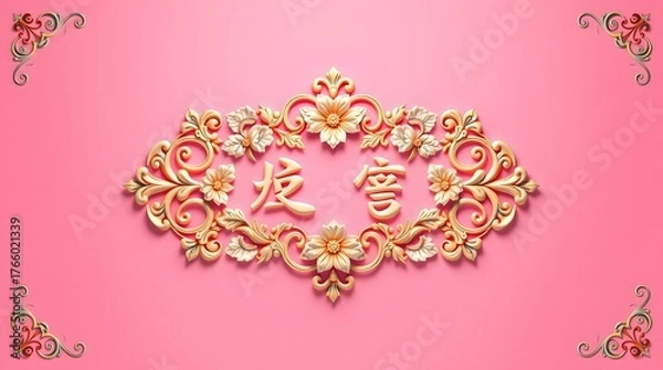 Obraz Elegant Floral 3D Frame with Golden Leaves and Pink Flowers – Decorative Border Design for Invitations, Greeting Cards, and Posters