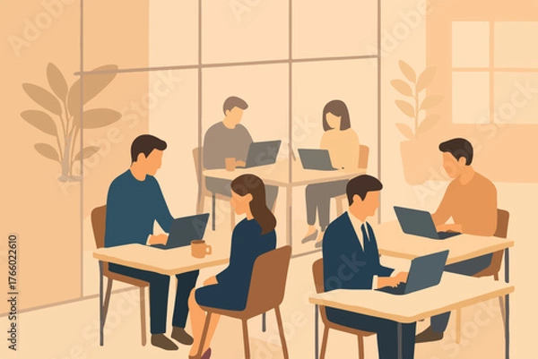 Fototapeta Modern Coworking Space with Freelancers on Laptops