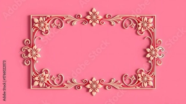 Obraz Elegant Floral 3D Frame with Golden Leaves and Pink Flowers – Decorative Border Design for Invitations, Greeting Cards, and Posters