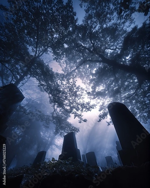Obraz Ethereal Cemetery Scene with Fog and Shadows in Moonlight Beneath Trees and Monuments