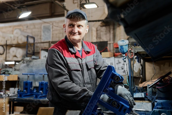 Obraz Experienced craftsman assembling mechanical structure with precision and patience at workplace