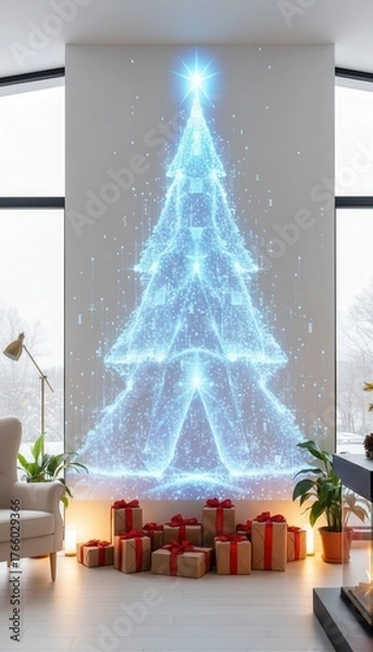 Fototapeta large, glowing blue Christmas tree dominates warmly lit room with wrapped presents and potted plant, evoking joyful celebration and winter holiday spirit, Christmas, festive warmth