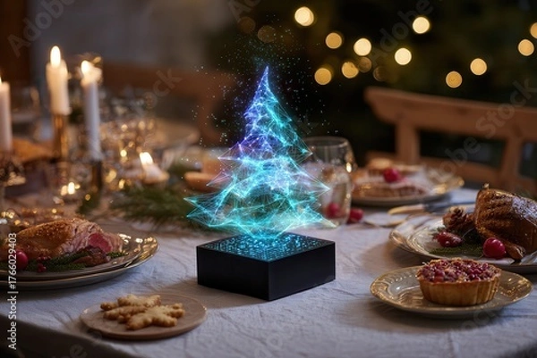 Obraz sophisticated dining scene features glowing blue LED Christmas tree, festive food, and warm candlelight, creating cozy and modern winter celebration, Christmas, joyful family moment