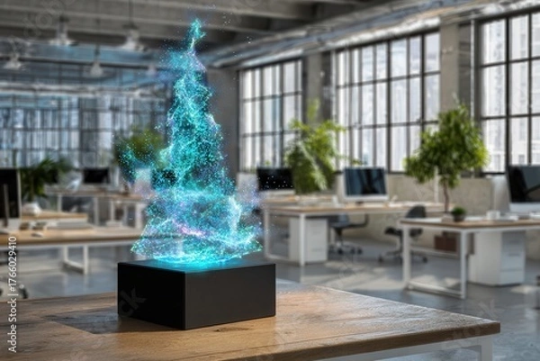 Fototapeta futuristic, glowing blue and purple Christmas tree dominates modern office space with white desks and computer monitors, creating calm, whimsical atmosphere illuminated by natural light