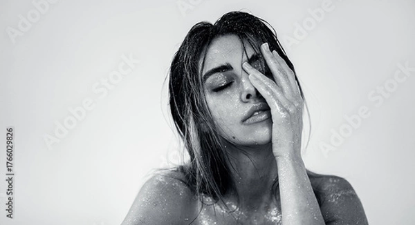 Obraz Studio close-up of a beautiful woman with natural makeup, wet hair, and sparkling glitter on her skin. 