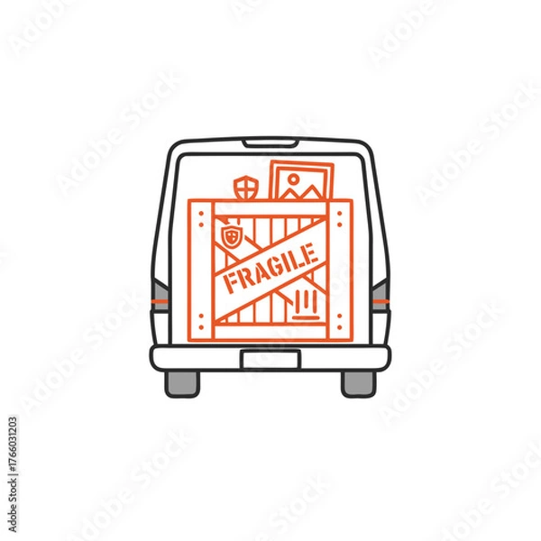 Fototapeta Fragile artwork transport van vector icon — museum logistics, crate with fragile label, art delivery, minimal line art style.