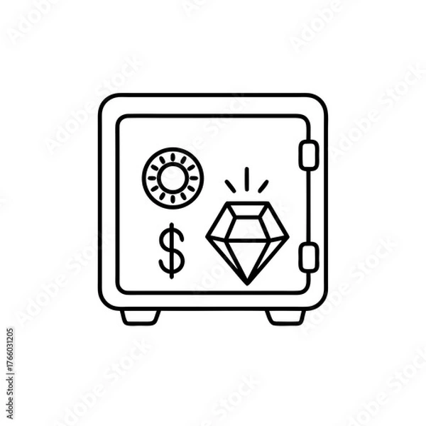 Fototapeta Safe with diamond vector icon — valuable cargo transport, secure storage, jewelry logistics, line art minimal vector.