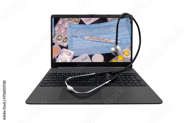 Fototapeta Laptop and medical stethoscope on a transparent background. On the laptop screen there is a mercury thermometer on the background of a table with medicines
