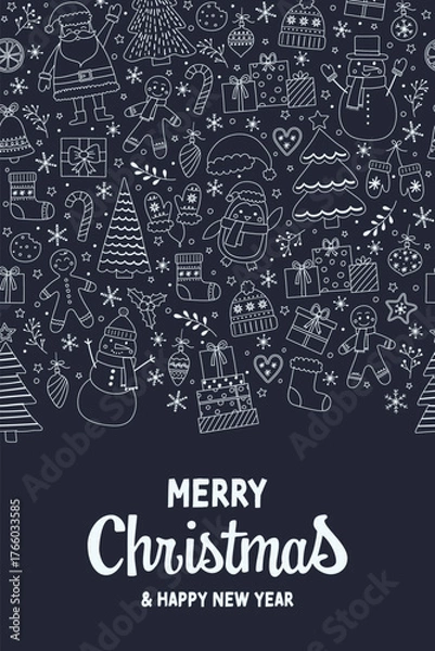 Fototapeta Cute Christmas greeting card with hand drawn ornaments. Vector illustration