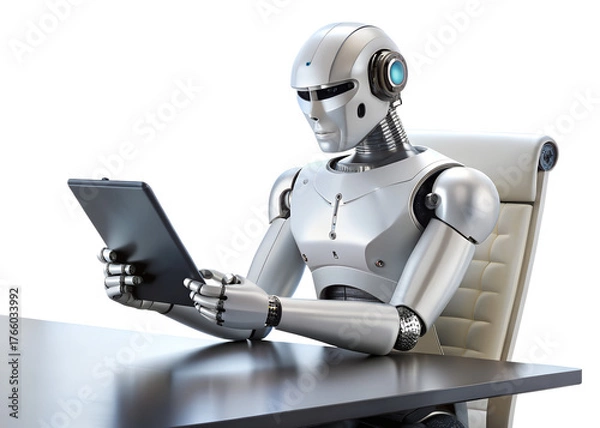 Fototapeta Humanoid robot using tablet isolated on transparent background, artificial intelligence concept