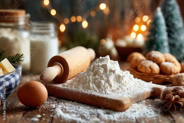 Fototapeta Flour and baking ingredients on a wooden table in warm light