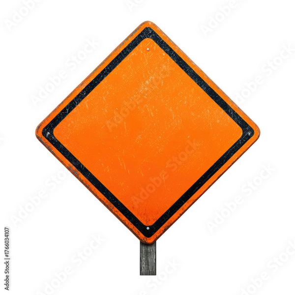 Fototapeta A weathered blank orange diamond road sign with a black border stands on a post against a black background