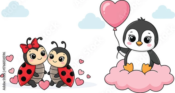 Obraz Charming Ladybugs and Penguin Cartoon Characters: Adorable Duo with Balloon on Cloud Illustration with Transparent Background for Whimsical Designs and Children's Projects