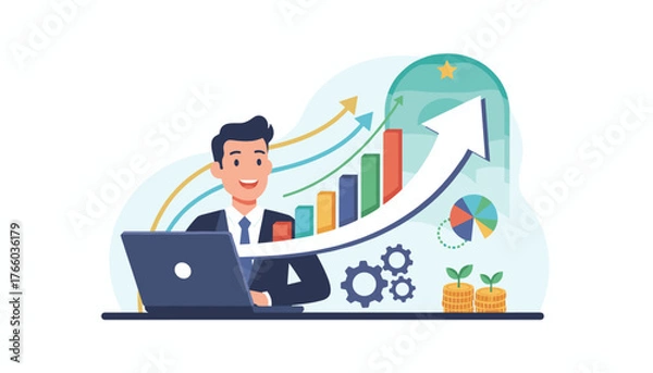 Fototapeta Successful businessman working on a laptop, surrounded by visual representations of profit increase, investment growth, and business progress, symbolizing financial success and upward trends in a