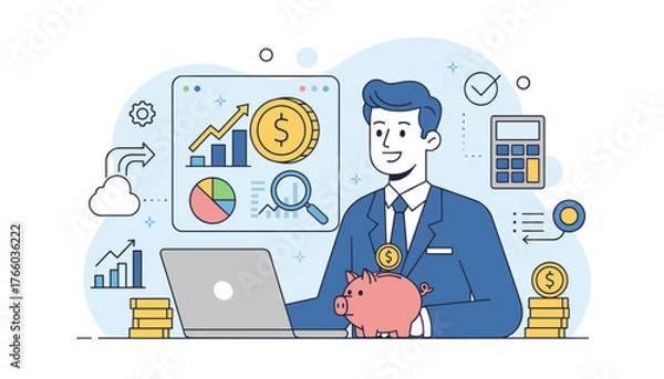 Fototapeta Vibrant flat illustration of a businessman analyzing financial data on a laptop, surrounded by charts, graphs, coins, a piggy bank, and a calculator, representing revenue management and investment